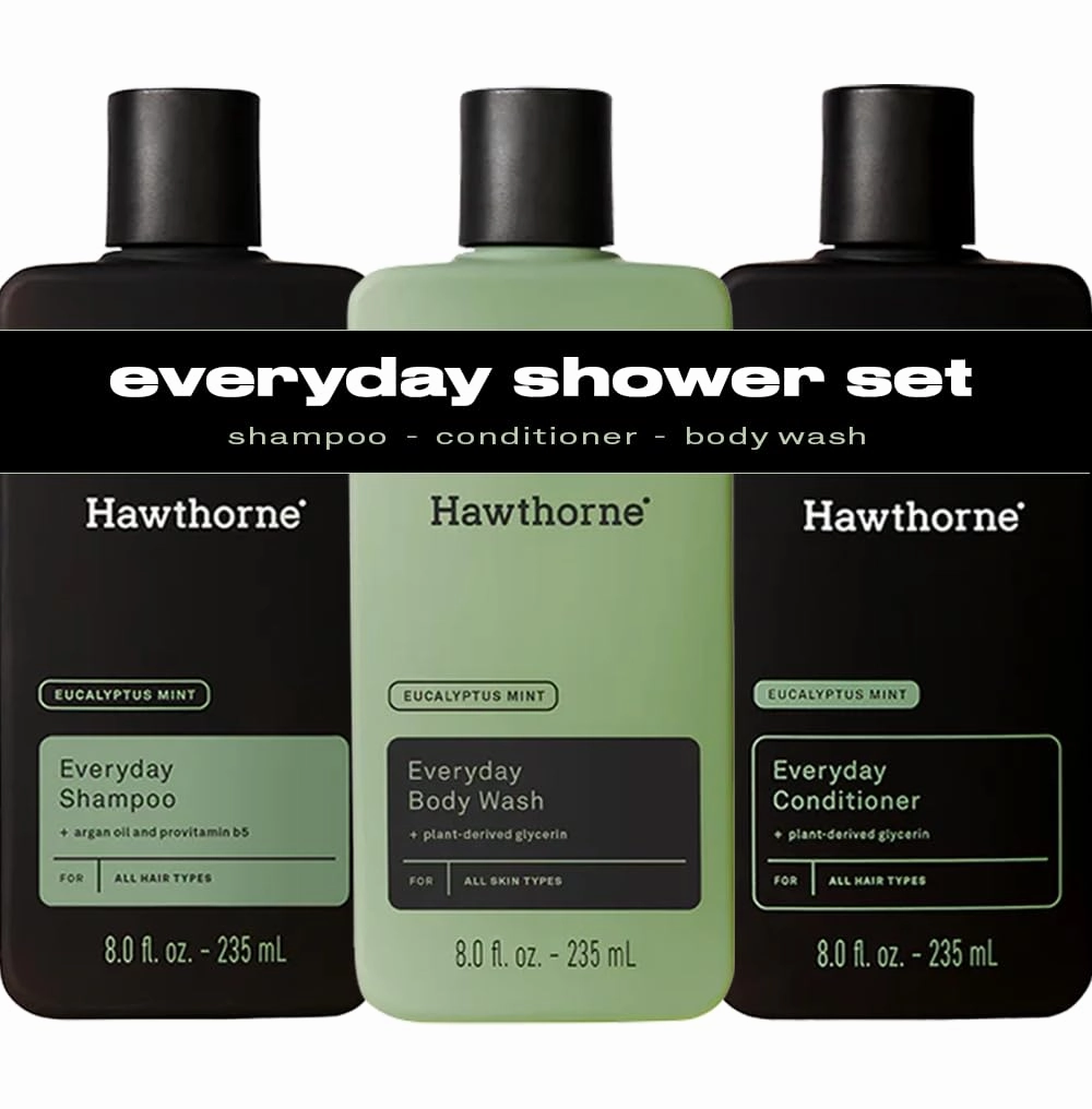 Hawthorne Everyday Shower Starter Set. Includes Everyday Shampoo, Conditioner and Body Wash for a Fresh Daily Clean. Invigorating Eucalyptus Mint Scent. Made with Natural Ingredients. 8 Fl Oz Each.