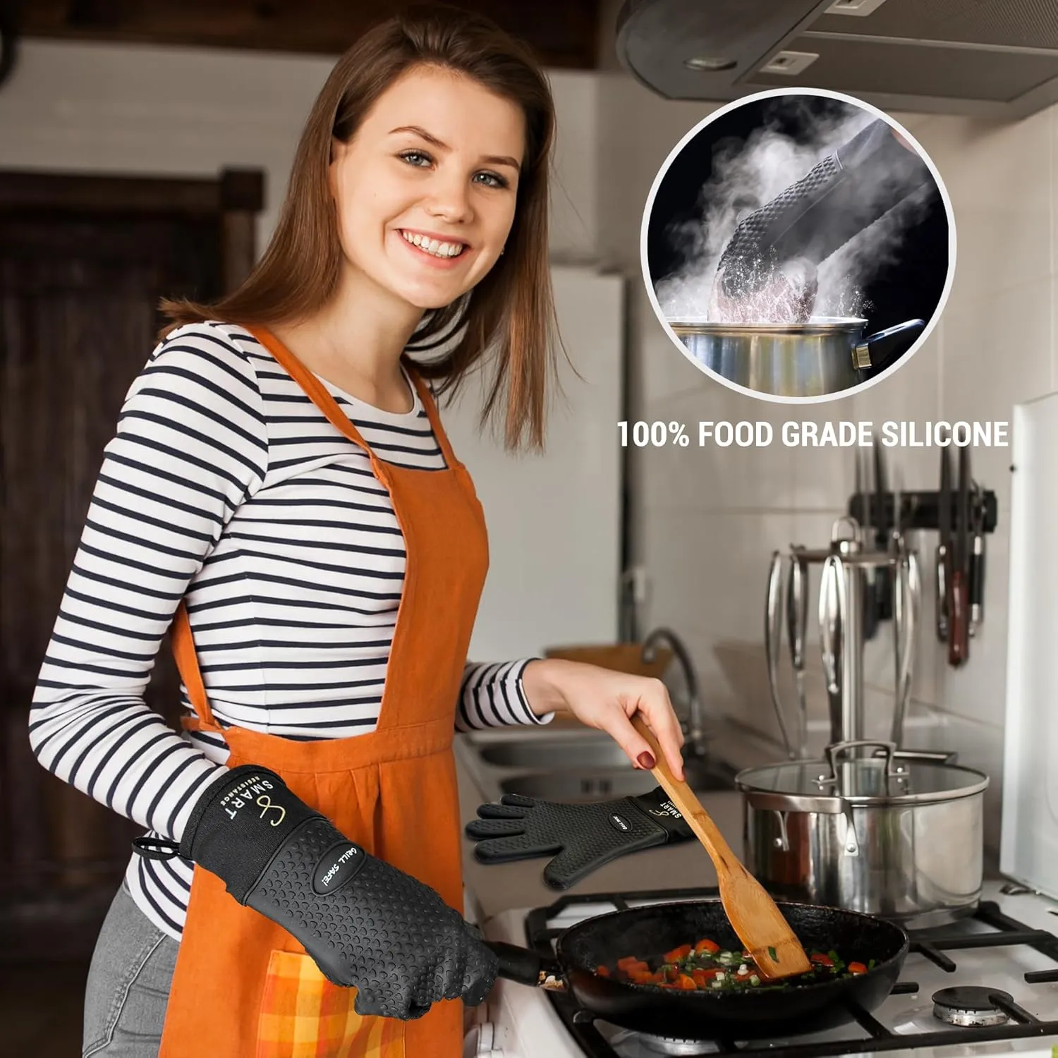 Heat Resistant Silicone Oven Gloves – 425°F Protection, Non-Slip Cooking Mitts for Baking, Grilling, BBQ & Kitchen Use – Waterproof & Easy to Clean – Smart Resistance (Black)