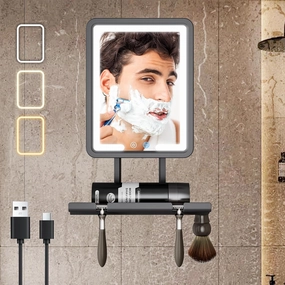 Heated Shower Mirror Fogless for Shaving, Fogless Shaving Mirror with Light for Shower, 3 Color Light Modes Dimmable, Rechargeable Anti-Fog Shower Mirror with Storage Tray & Razor Holder for Men