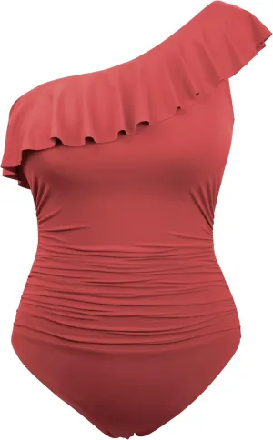 Hilor Women's One Shoulder One Piece Swimsuits Tummy Control Bathing Suits Ruffled Modest Swimwear