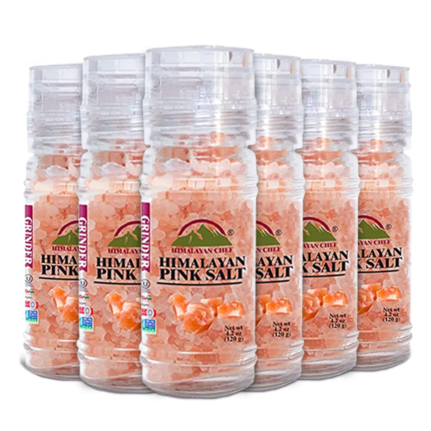Himalayan Chef Pink Salt Refillable Grinder-Kosher & Natural Certified Himalayan Salt-Excellent Bath Salt 3.53 Oz Each - (Pack of 6)