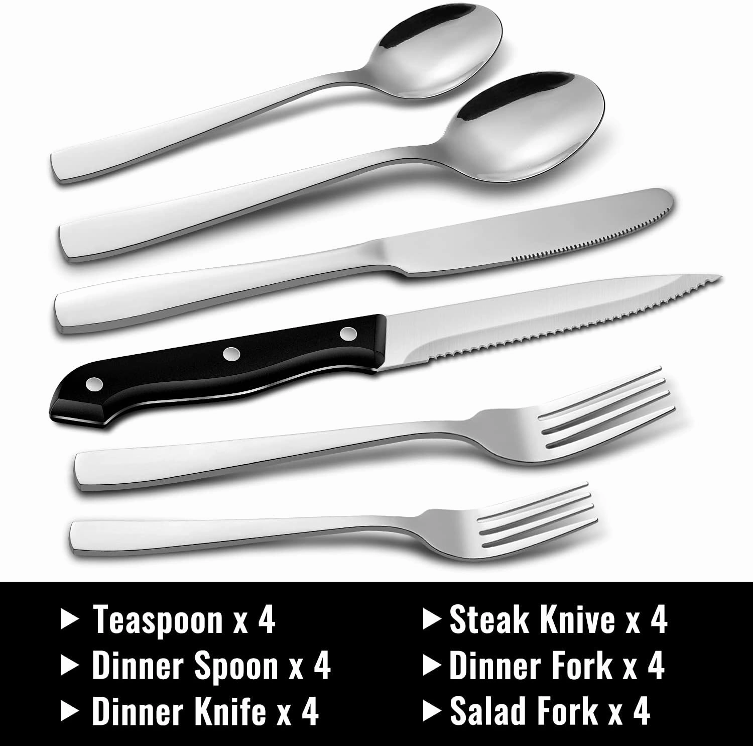 Hiware 24-Piece Silverware Set with Steak Knives, Stainless Steel Flatware Cutlery, Mirror Polished Flatware Serving Utensils Set for 4, Includes Forks Spoons Knives Silverware, Dishwasher Safe