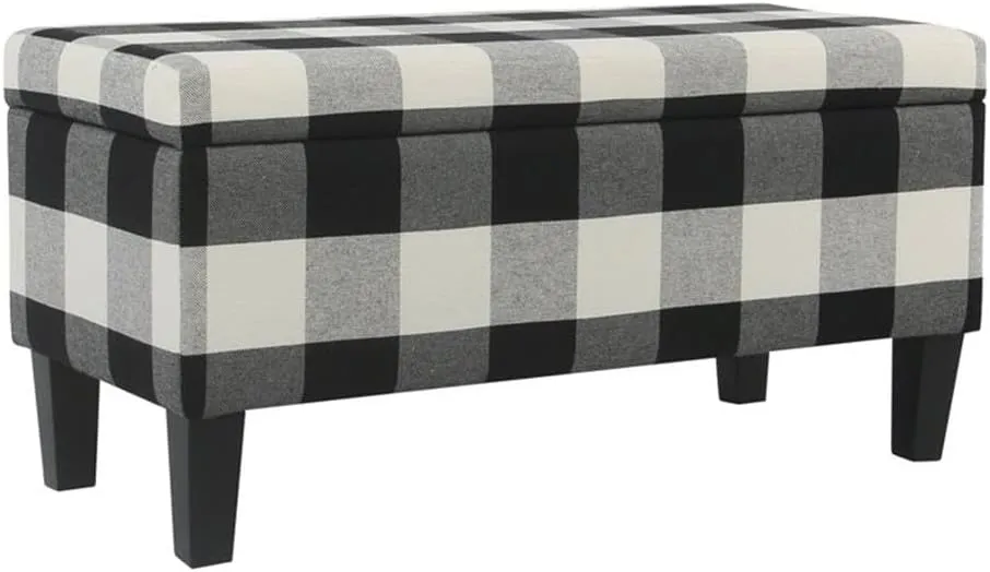 HomePop Large Upholstered Rectangular Storage Ottoman Bench with Hinged Lid, Black Buffalo Plaid