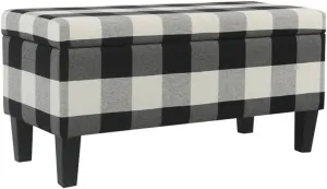 HomePop Large Upholstered Rectangular Storage Ottoman Bench with Hinged Lid, Black Buffalo Plaid