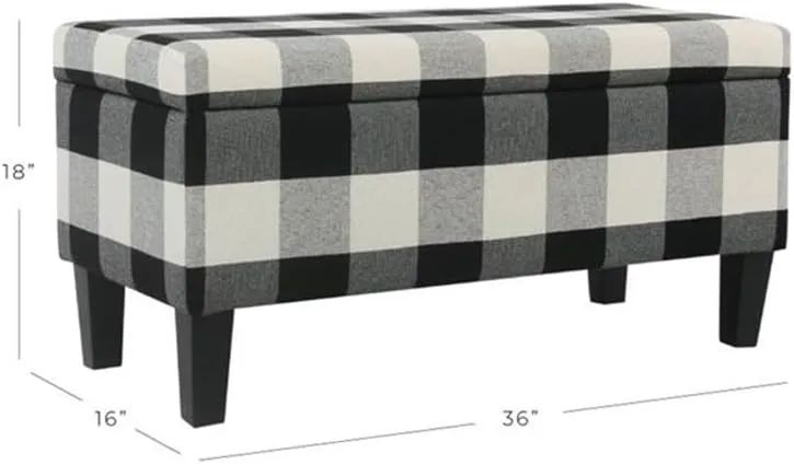 HomePop Large Upholstered Rectangular Storage Ottoman Bench with Hinged Lid, Black Buffalo Plaid
