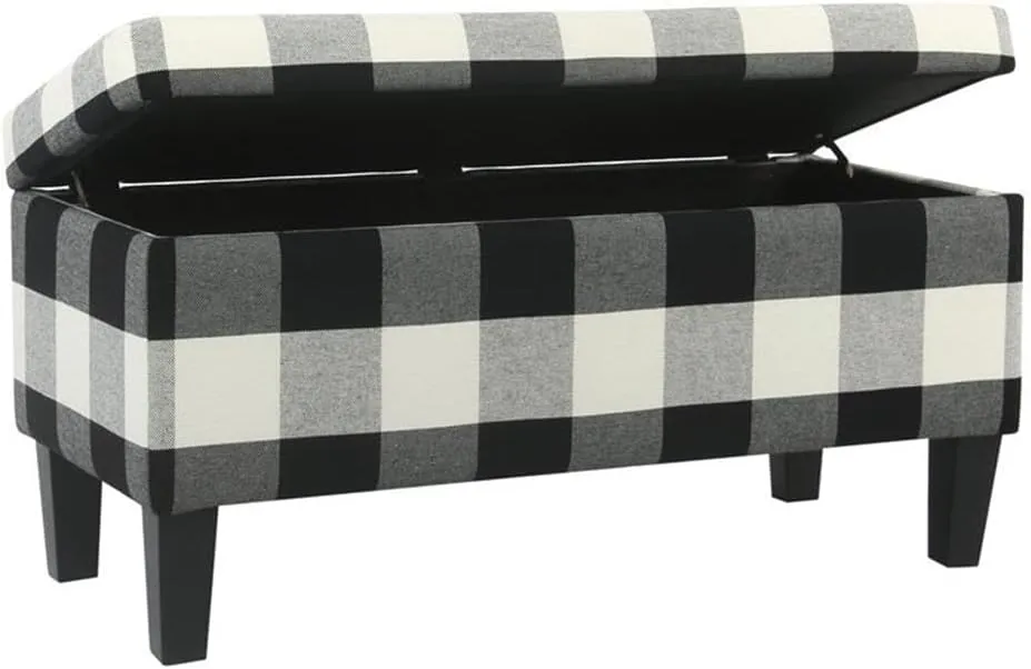 HomePop Large Upholstered Rectangular Storage Ottoman Bench with Hinged Lid, Black Buffalo Plaid