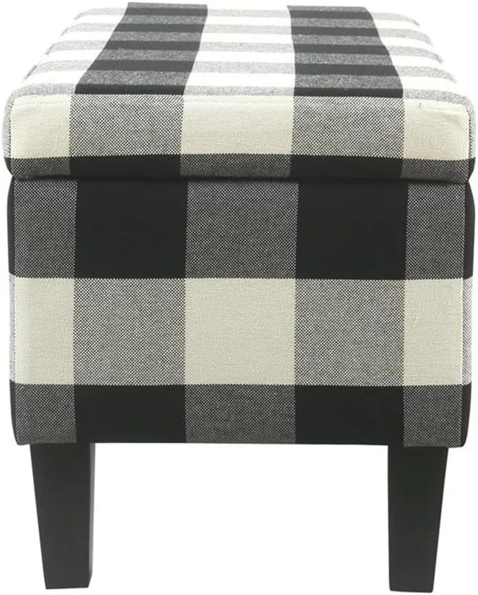 HomePop Large Upholstered Rectangular Storage Ottoman Bench with Hinged Lid, Black Buffalo Plaid