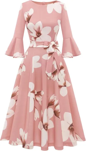HomRain Women's Church Dresses for 2025 Wedding Guest Cocktail Tea Party Bell Sleeve Vintage Evening Graduation Dress