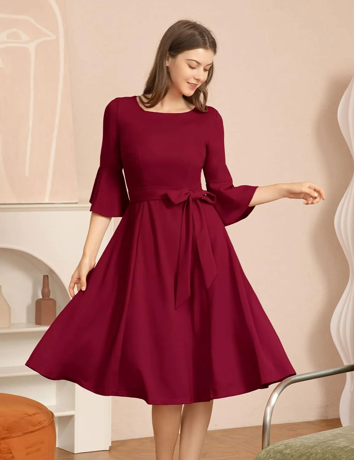 HomRain Women's Church Dresses for 2025 Wedding Guest Cocktail Tea Party Bell Sleeve Vintage Evening Graduation Dress