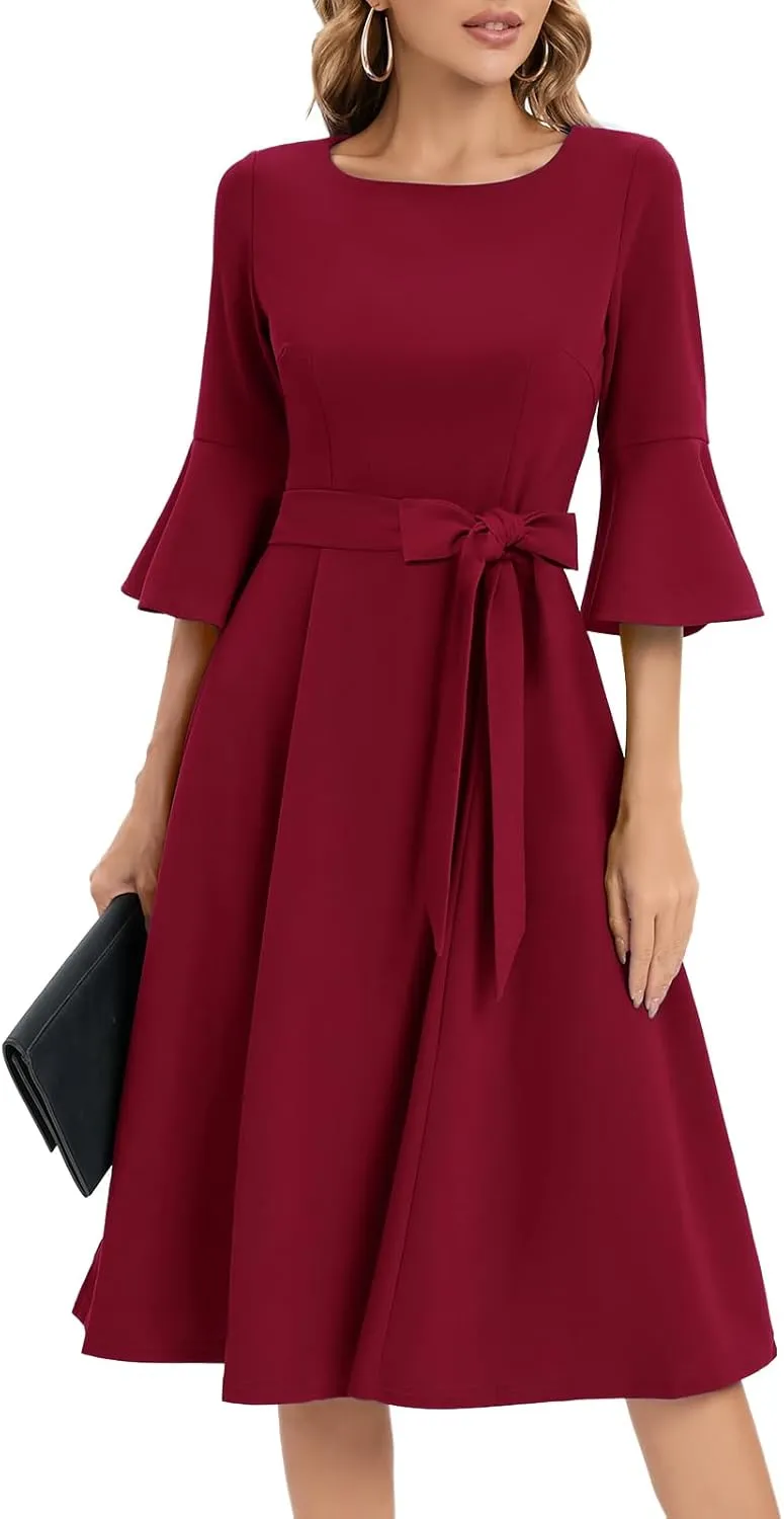 HomRain Women's Church Dresses for 2025 Wedding Guest Cocktail Tea Party Bell Sleeve Vintage Evening Graduation Dress
