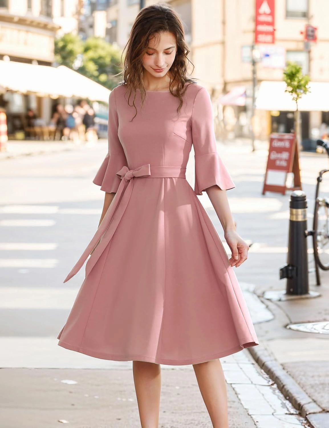 HomRain Women's Church Dresses for 2025 Wedding Guest Cocktail Tea Party Bell Sleeve Vintage Evening Graduation Dress