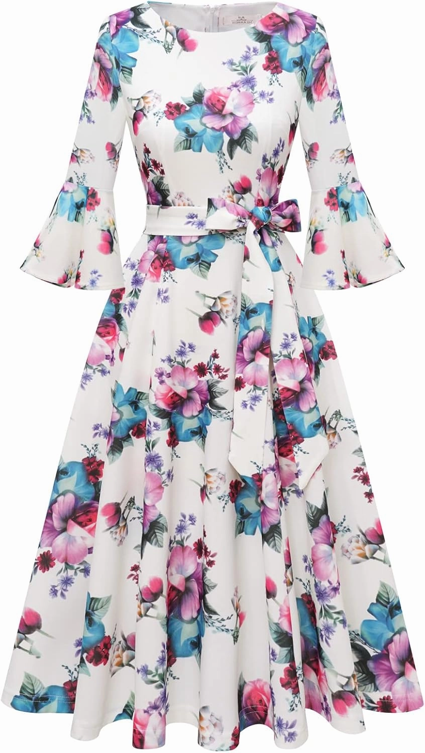 HomRain Women's Church Dresses for 2025 Wedding Guest Cocktail Tea Party Bell Sleeve Vintage Evening Graduation Dress