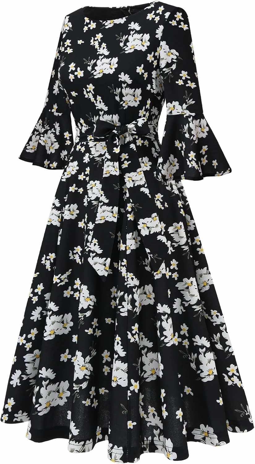 HomRain Women's Church Dresses for 2025 Wedding Guest Cocktail Tea Party Bell Sleeve Vintage Evening Graduation Dress