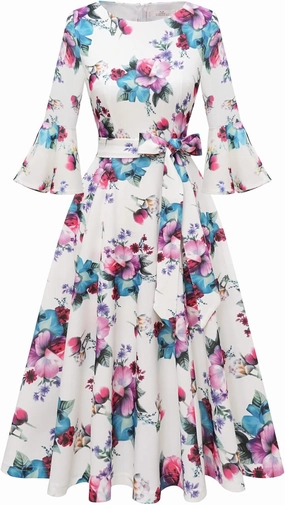 HomRain Women's Church Dresses for 2025 Wedding Guest Cocktail Tea Party Bell Sleeve Vintage Evening Graduation Dress