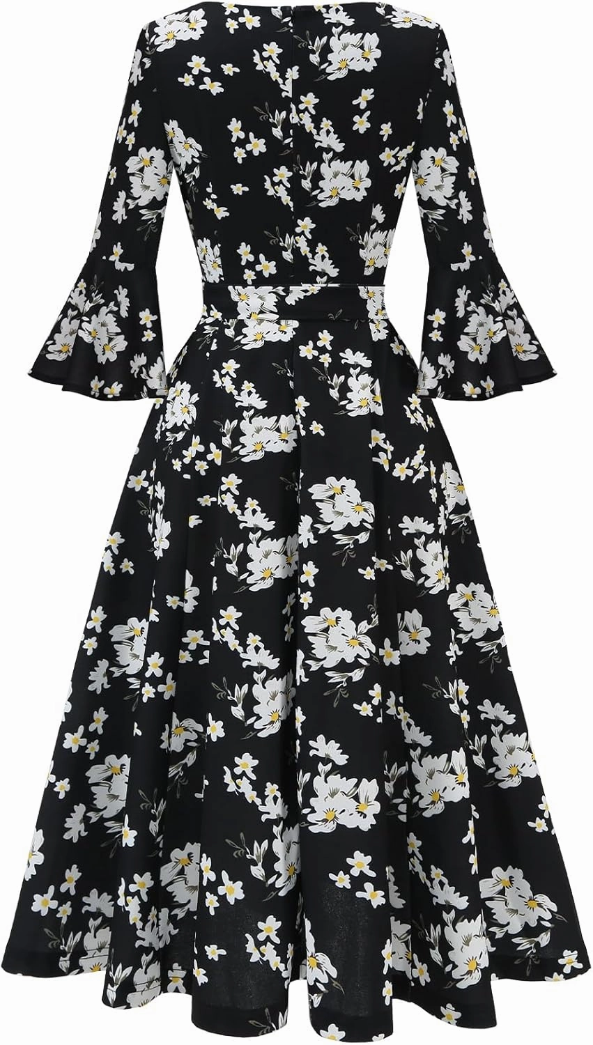 HomRain Women's Church Dresses for 2025 Wedding Guest Cocktail Tea Party Bell Sleeve Vintage Evening Graduation Dress