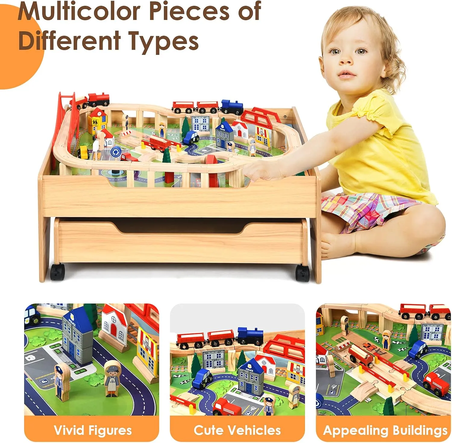 HONEY JOY Train Table, Wooden Kids Activity Table with Storage Drawer, 100 Multicolor Pieces, Tracks, Trains, Cars, Toddler Train Table Set, Gift for Boys Girls Age 3 , Natural