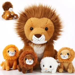 Honoson 5 Pcs Lion Plush Set Large Lion Stuffed Animal with 4 Cute Baby Lions in His Zippered Back Soft Cuddly Lion Plushie Boys Girls Birthday Favors Gifts Forest Party (Maned Lion,14 Inch)