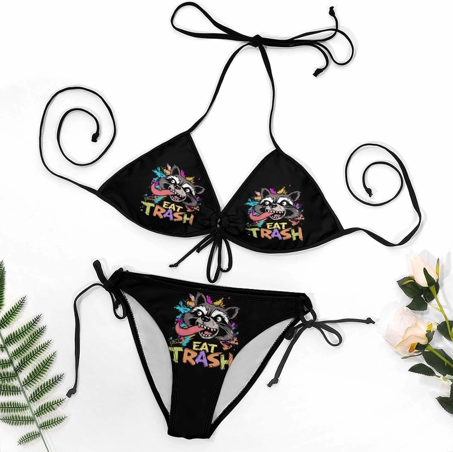 Hooligan Raccoon Eat Garbage Two Piece Swimsuit for Women Bathing Suit Bikini Sexy String Swimwear Triangle Tie Side Sets