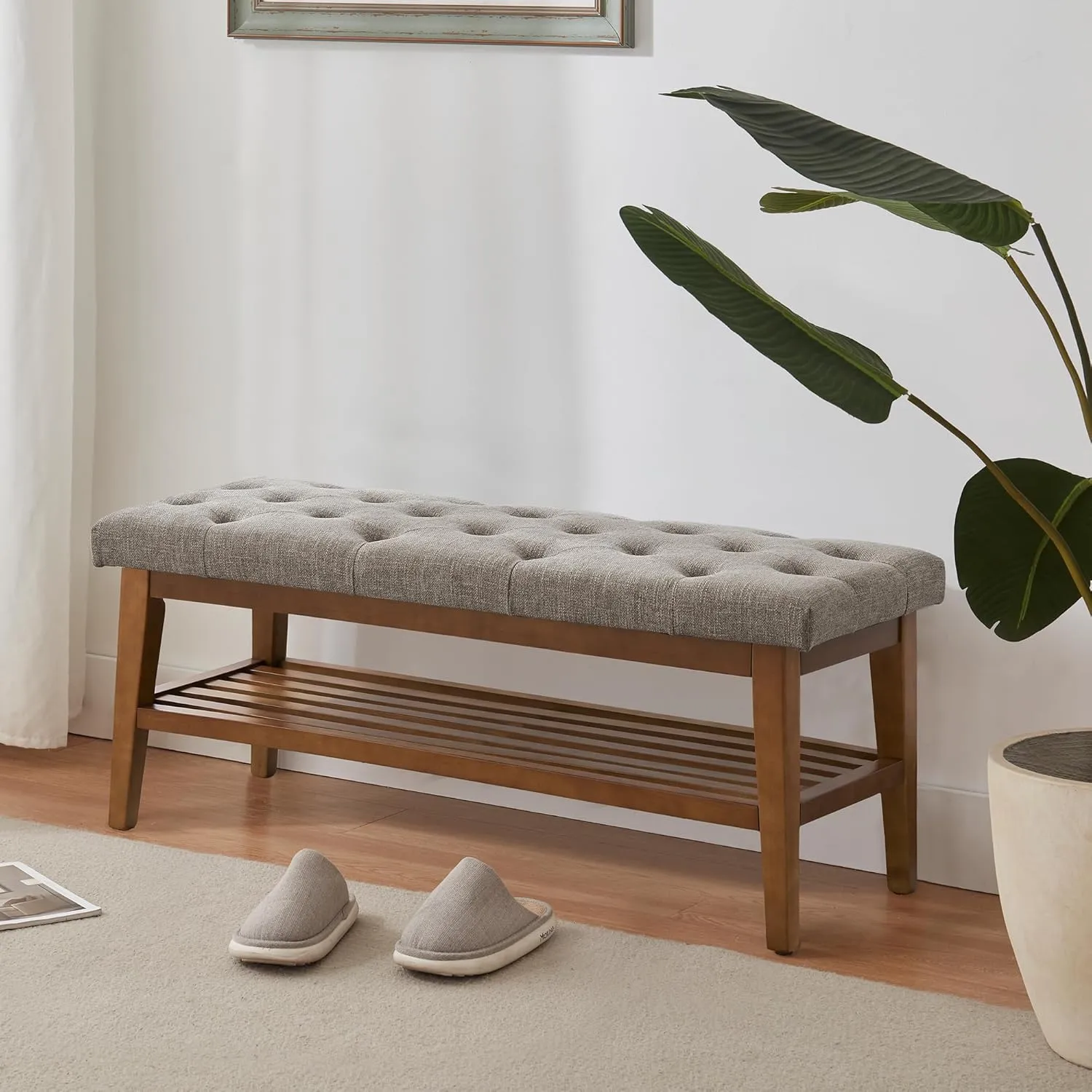 HUIMO Entryway Shoe Bench, End of Bed Bench,Upholstered Button-Tufted Bench for Kitchen, Fabric Ottoman Bench for Living Room, Padded Bench with Solid Wood Shelf,Brown
