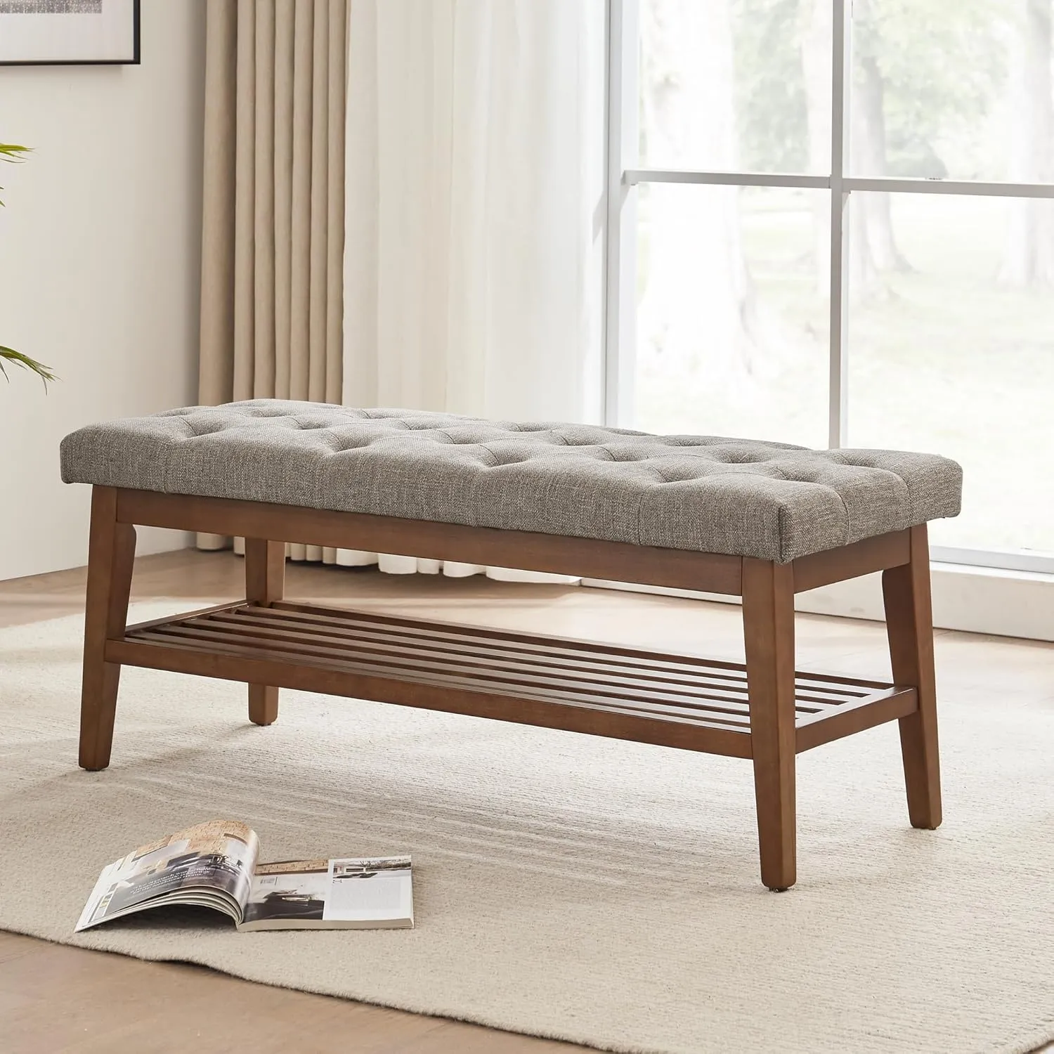 HUIMO Entryway Shoe Bench, End of Bed Bench,Upholstered Button-Tufted Bench for Kitchen, Fabric Ottoman Bench for Living Room, Padded Bench with Solid Wood Shelf,Brown