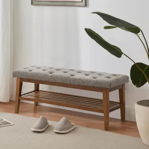 HUIMO Entryway Shoe Bench, End of Bed Bench,Upholstered Button-Tufted Bench for Kitchen, Fabric Ottoman Bench for Living Room, Padded Bench with Solid Wood Shelf,Brown