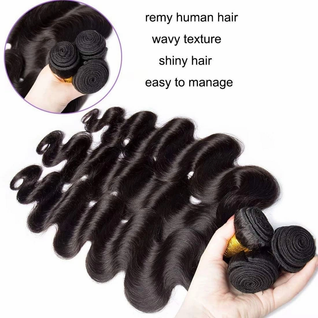 Human Hair Bundles Natural Black Color Brazilian Unprocessed Virgin Human Hair Quick Weave Extensions (26 28 30 Inch Natural Body Wave)