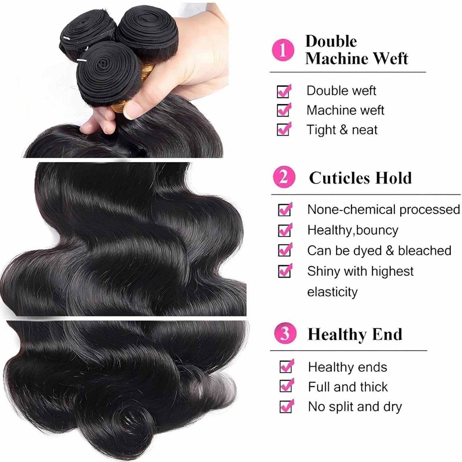 Human Hair Bundles Natural Black Color Brazilian Unprocessed Virgin Human Hair Quick Weave Extensions (26 28 30 Inch Natural Body Wave)