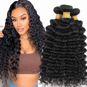Human Hair Bundles Natural Black Color Deep Wave Brazilian Unprocessed Virgin Human Hair Quick Weave Extensions (08 10 12 Inch Natural Deep Wave)