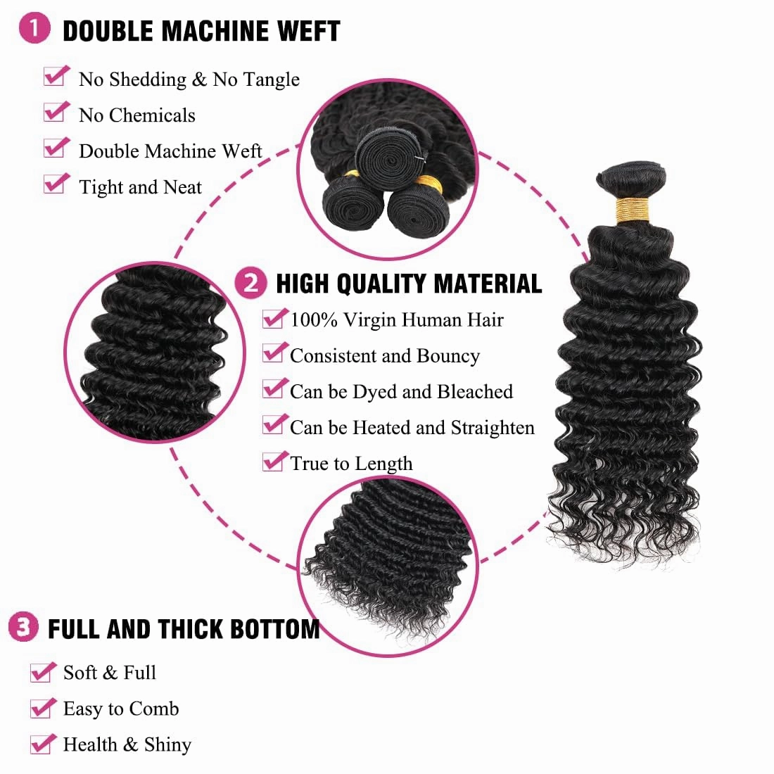 Human Hair Bundles Natural Black Color Deep Wave Brazilian Unprocessed Virgin Human Hair Quick Weave Extensions (08 10 12 Inch Natural Deep Wave)