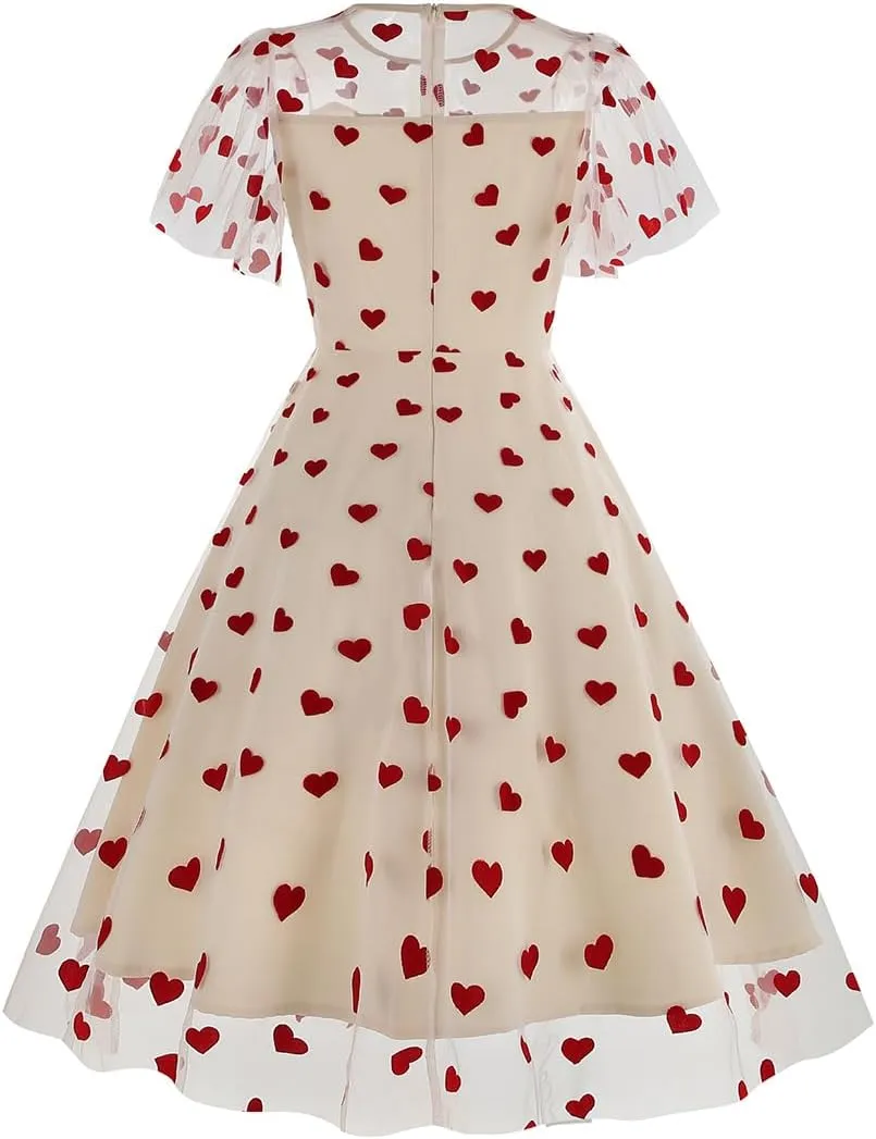 IBTOM CASTLE Women's 1950s Vintage Dress Short Sleeve Heart Print Mesh Retro Evening Prom Cocktail Party Swing A Line Dress