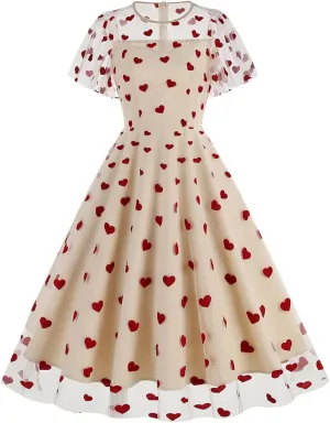IBTOM CASTLE Women's 1950s Vintage Dress Short Sleeve Heart Print Mesh Retro Evening Prom Cocktail Party Swing A Line Dress
