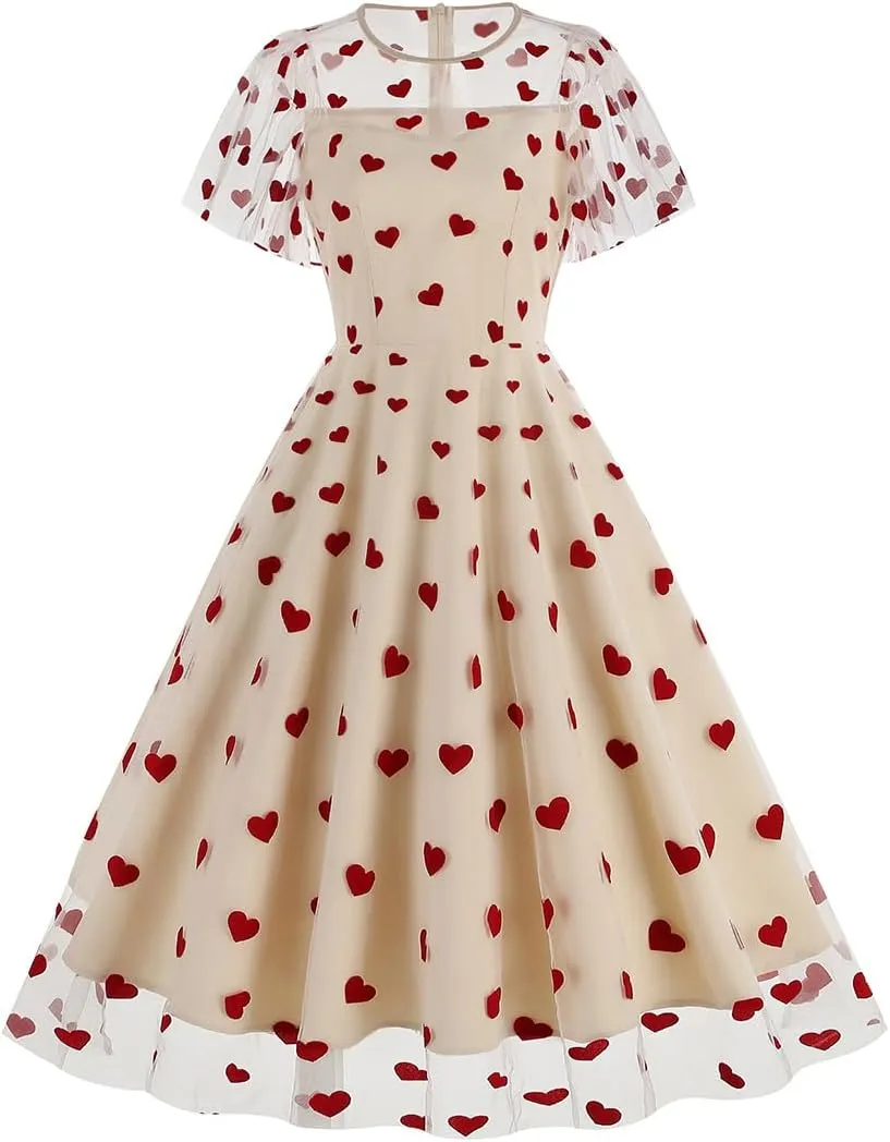 IBTOM CASTLE Women's 1950s Vintage Dress Short Sleeve Heart Print Mesh Retro Evening Prom Cocktail Party Swing A Line Dress