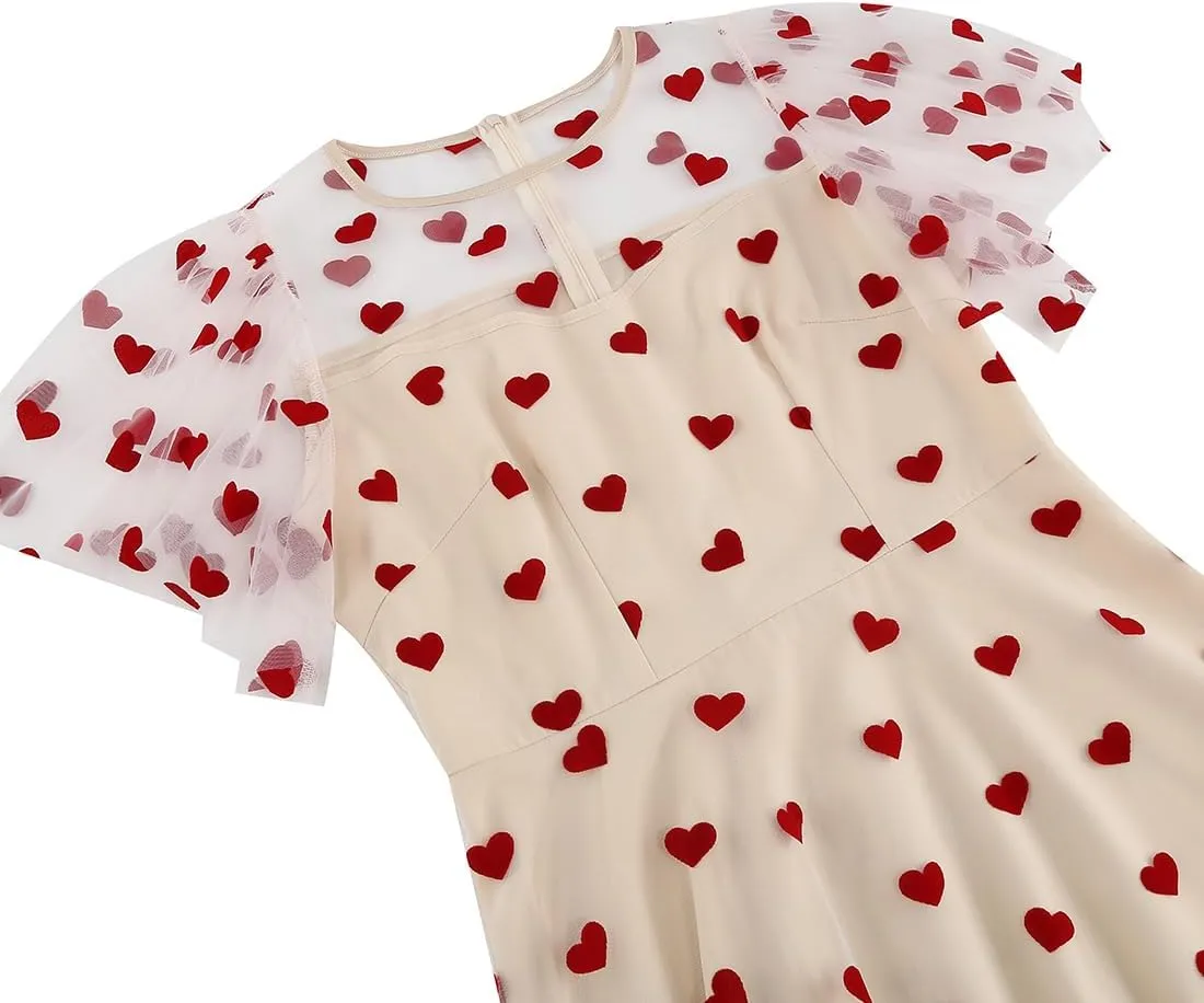IBTOM CASTLE Women's 1950s Vintage Dress Short Sleeve Heart Print Mesh Retro Evening Prom Cocktail Party Swing A Line Dress