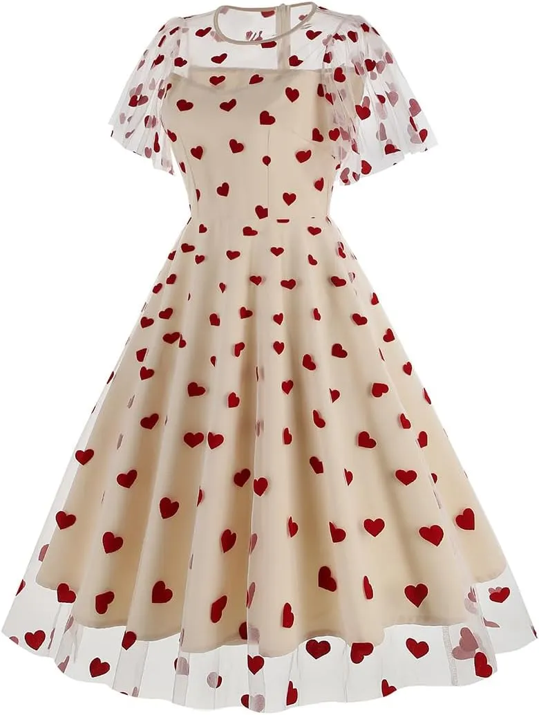 IBTOM CASTLE Women's 1950s Vintage Dress Short Sleeve Heart Print Mesh Retro Evening Prom Cocktail Party Swing A Line Dress