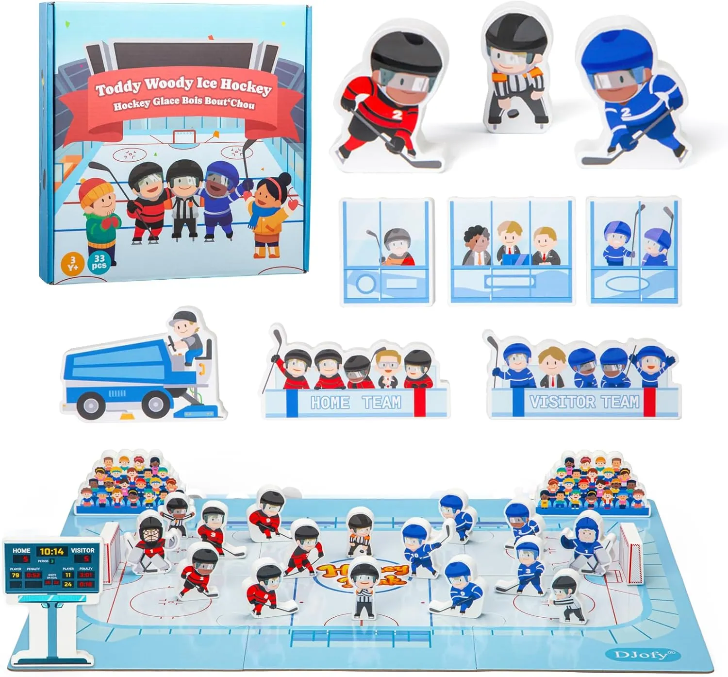 Ice Hockey Blocks Toy Playset, Wooden Hockey Action Figures with Assembly Hockey Rink , Hockey Learning Toys, Mini Hockey Games, Hockey Player Figurines, Gift for Baby Toddlers Kids Children