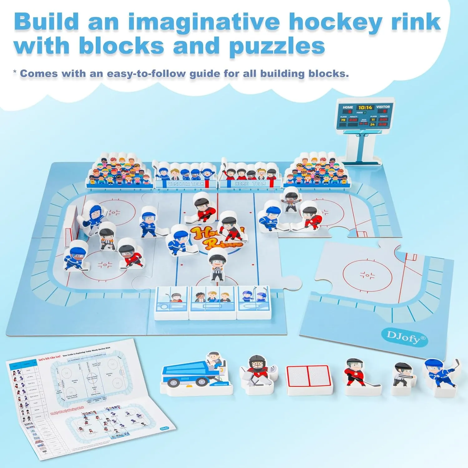 Ice Hockey Blocks Toy Playset, Wooden Hockey Action Figures with Assembly Hockey Rink , Hockey Learning Toys, Mini Hockey Games, Hockey Player Figurines, Gift for Baby Toddlers Kids Children