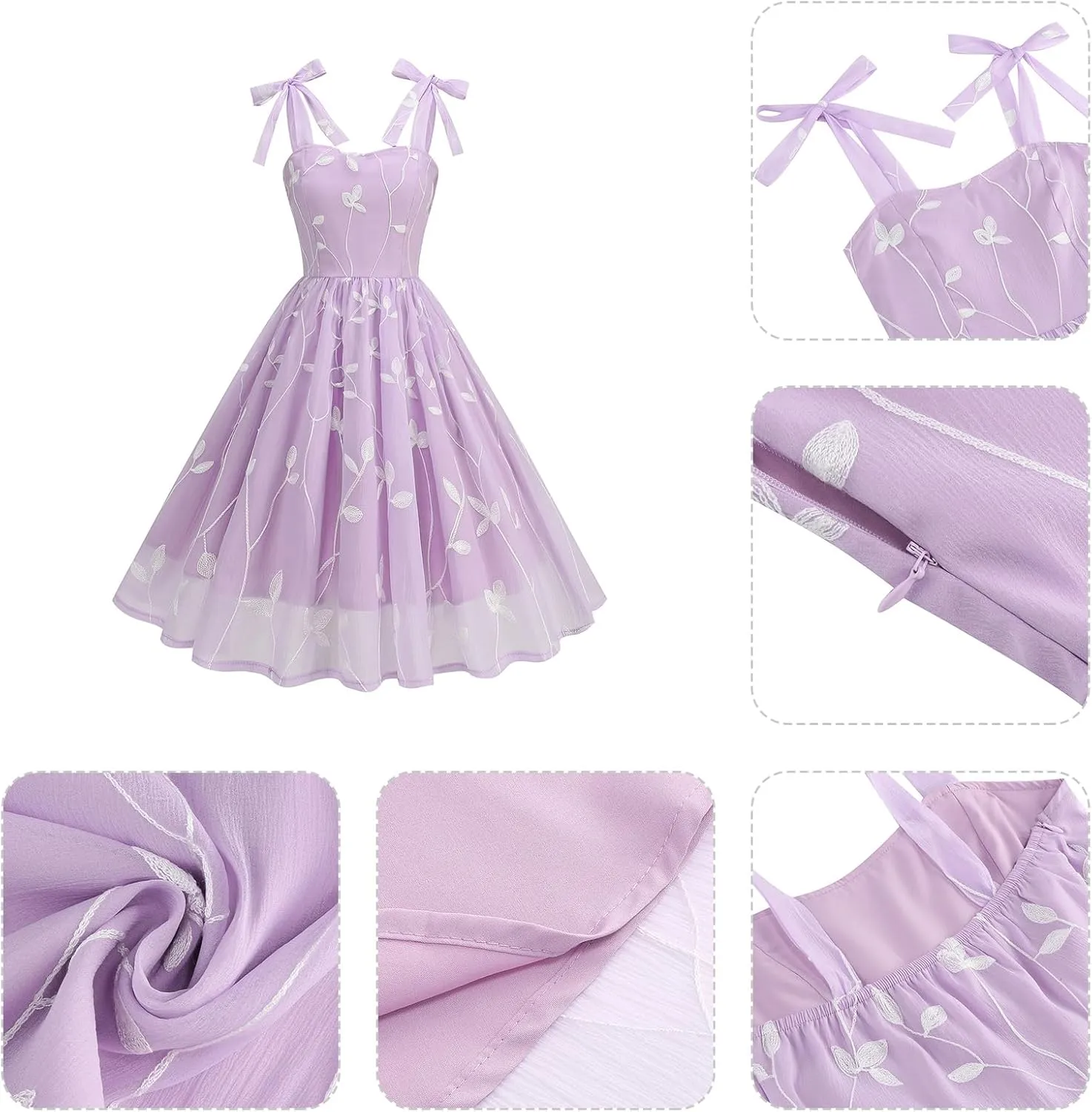 IDOPIP Women Vintage Bowknot Swing Dress Elegant Leaf Embroidery Mesh Dress 1950s Retro Cocktail Prom Gown Formal Midi Dress