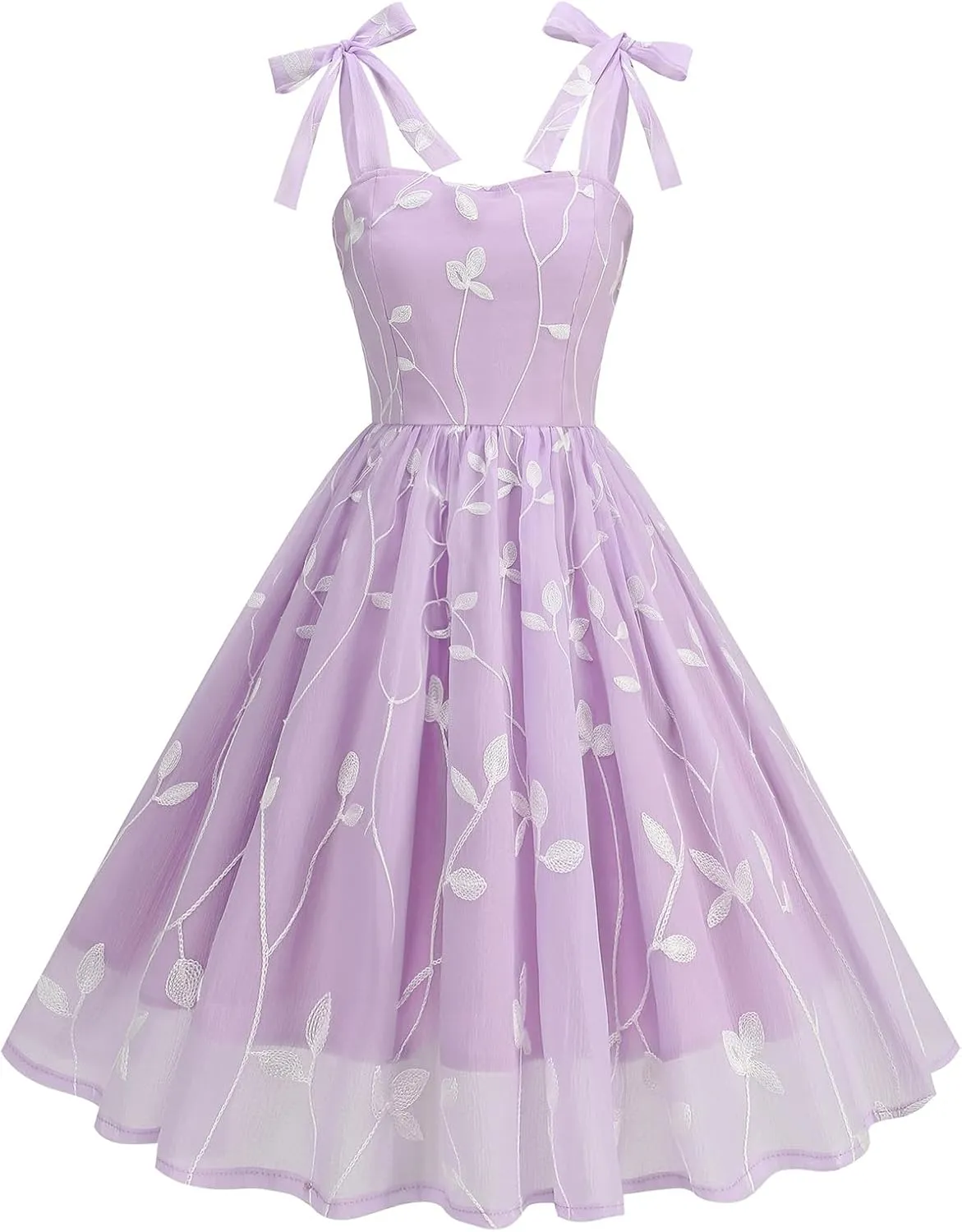 IDOPIP Women Vintage Bowknot Swing Dress Elegant Leaf Embroidery Mesh Dress 1950s Retro Cocktail Prom Gown Formal Midi Dress