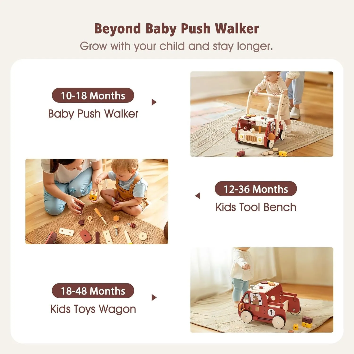 IEATFO Wooden Baby Walker Adjustable Height with Tool Bench and Toy Storage Wagon - Multifunctional Toddler Push Walker Ergonomically Designed for Natural Walking - 3  Years of Continuous Use