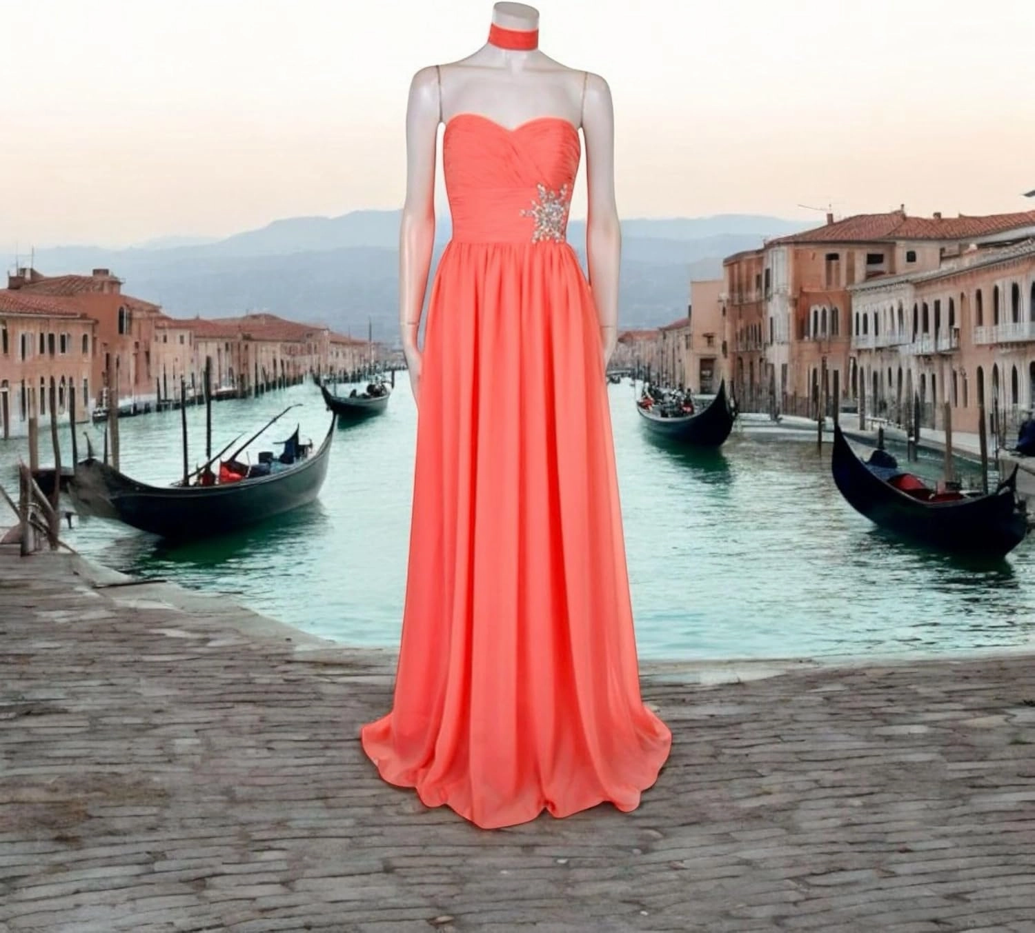 Isla Coral Strapless, Rhinestone Embellished, Maxi Dress