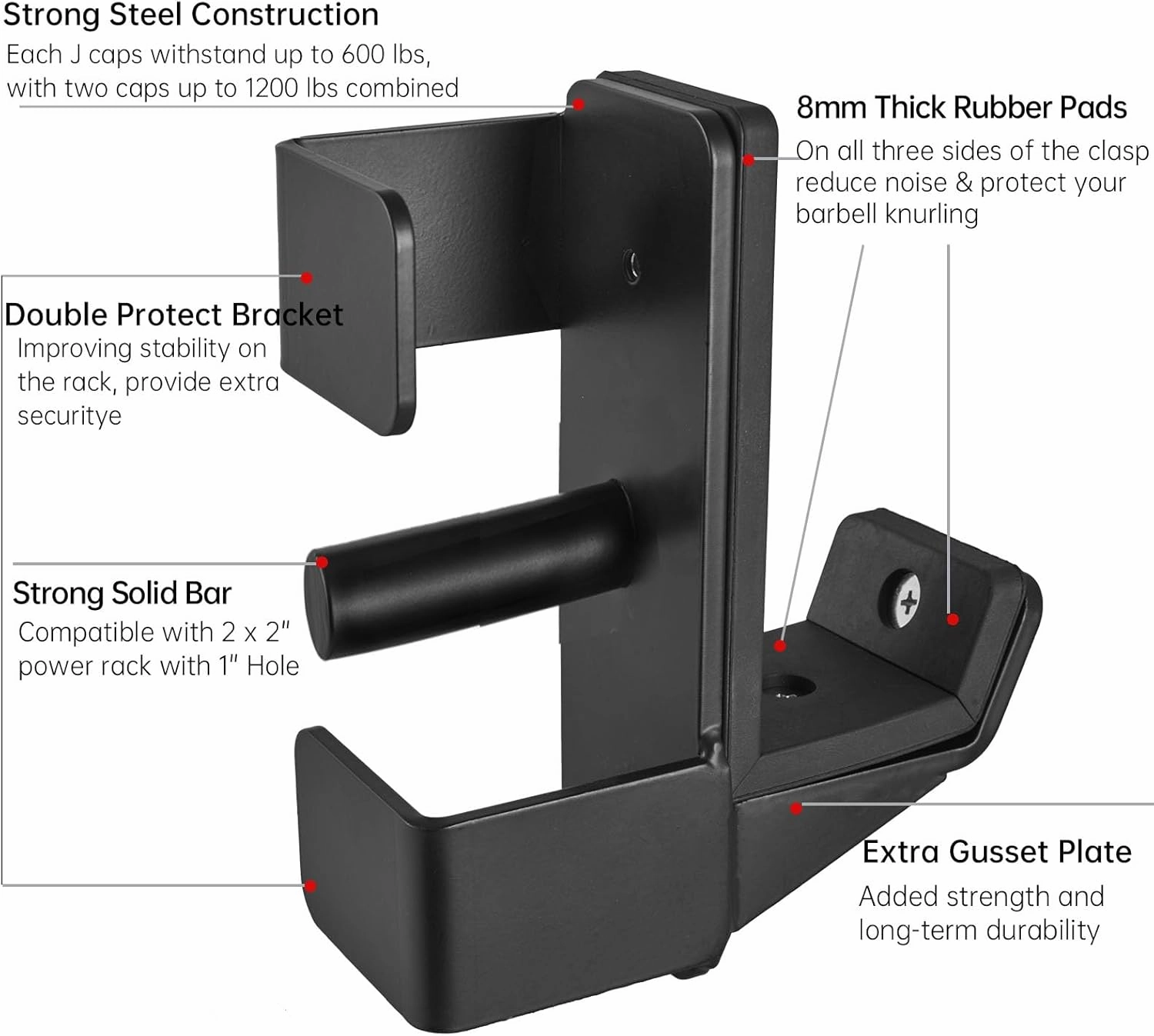 J Hooks for 2" x 2" Power Rack, Rubber Pad J-Hook for Power Cage, Bottom Reinforced Steel J Cups for Squat Rack, Heavy Duty Barbell Holder, Black