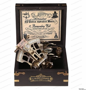 J. Scott London Brass Ship History Sextant with Hardwood Box – Vintage Solid Antique Brass Nautical Functional Maritime Sextant | Nautical Navy Decor Gift