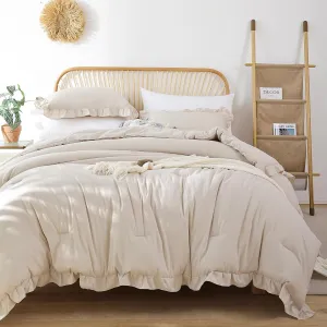 JANZAA Queen Size Comforter Beige Ruffle Comforter Set for Queen Bed 3PCS (1 Off White Comforter and 2 Pillowcases) Vintage Shabby Chic Bedding Soft Fluffy Bed Set for All Season