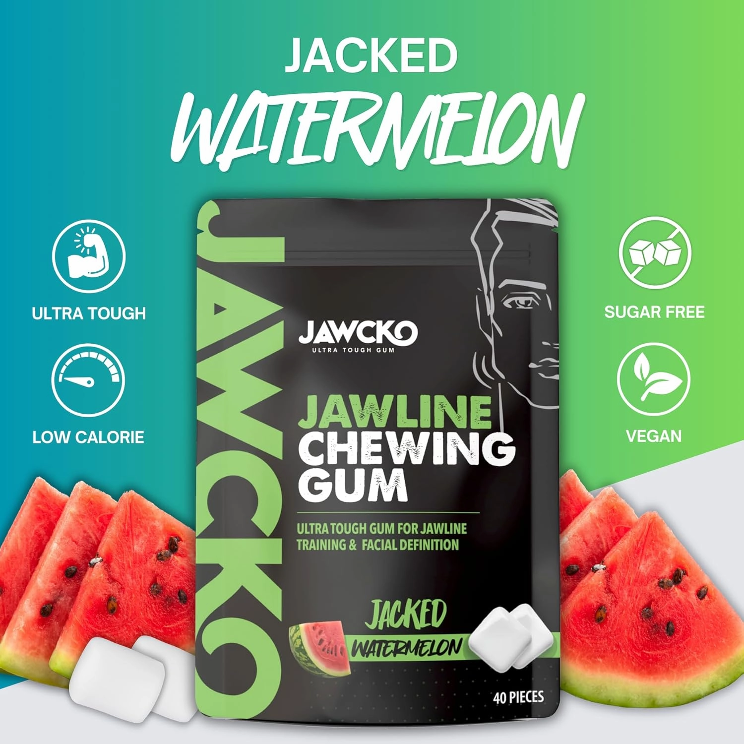 JAWCKO Ultra-Tough Jawline Chewing Gum | Get a Stronger, Squarer Jawline | Watermelon Jaw Training Hard Gum | 15X Strength | Chisel, Sculpt, Tone your Jaw | Facial Fitness Mewing Gum | 40 Pieces/Pack