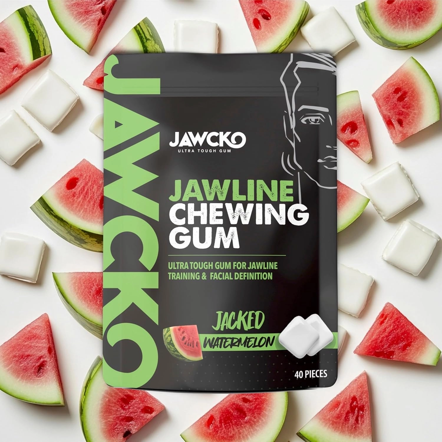 JAWCKO Ultra-Tough Jawline Chewing Gum | Get a Stronger, Squarer Jawline | Watermelon Jaw Training Hard Gum | 15X Strength | Chisel, Sculpt, Tone your Jaw | Facial Fitness Mewing Gum | 40 Pieces/Pack