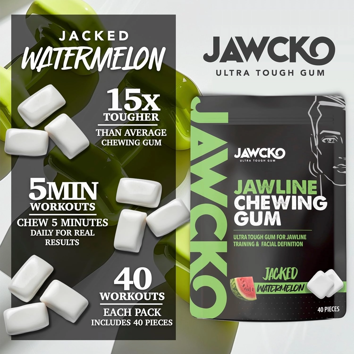 JAWCKO Ultra-Tough Jawline Chewing Gum | Get a Stronger, Squarer Jawline | Watermelon Jaw Training Hard Gum | 15X Strength | Chisel, Sculpt, Tone your Jaw | Facial Fitness Mewing Gum | 40 Pieces/Pack