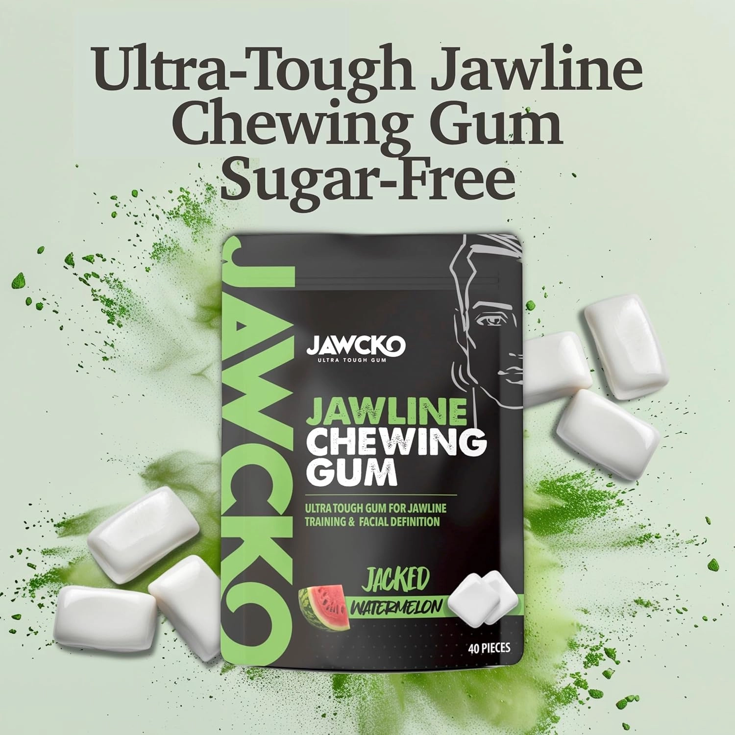 JAWCKO Ultra-Tough Jawline Chewing Gum | Get a Stronger, Squarer Jawline | Watermelon Jaw Training Hard Gum | 15X Strength | Chisel, Sculpt, Tone your Jaw | Facial Fitness Mewing Gum | 40 Pieces/Pack