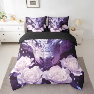 jejeloiu Purple Western Dragon Queen Comforter Set with Sheets Rose 7 Pieces Bedding Set Queen Size for Kids Boys Girls Teens Rose Floral Flower Bed Set Wild Animals Bed in a Bag