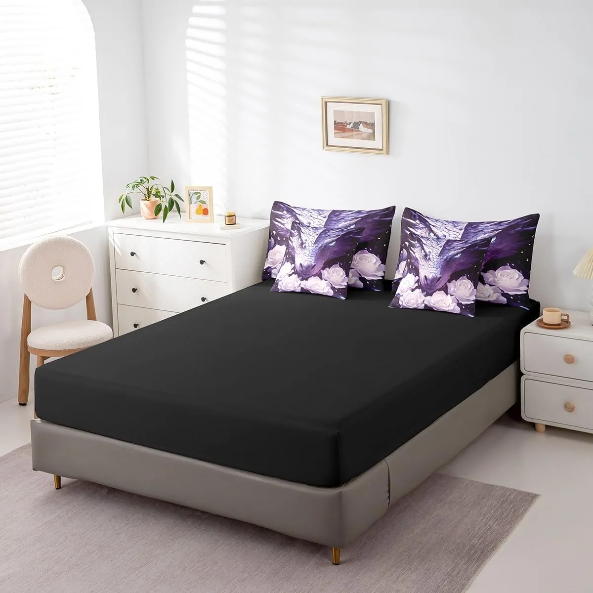 jejeloiu Purple Western Dragon Queen Comforter Set with Sheets Rose 7 Pieces Bedding Set Queen Size for Kids Boys Girls Teens Rose Floral Flower Bed Set Wild Animals Bed in a Bag