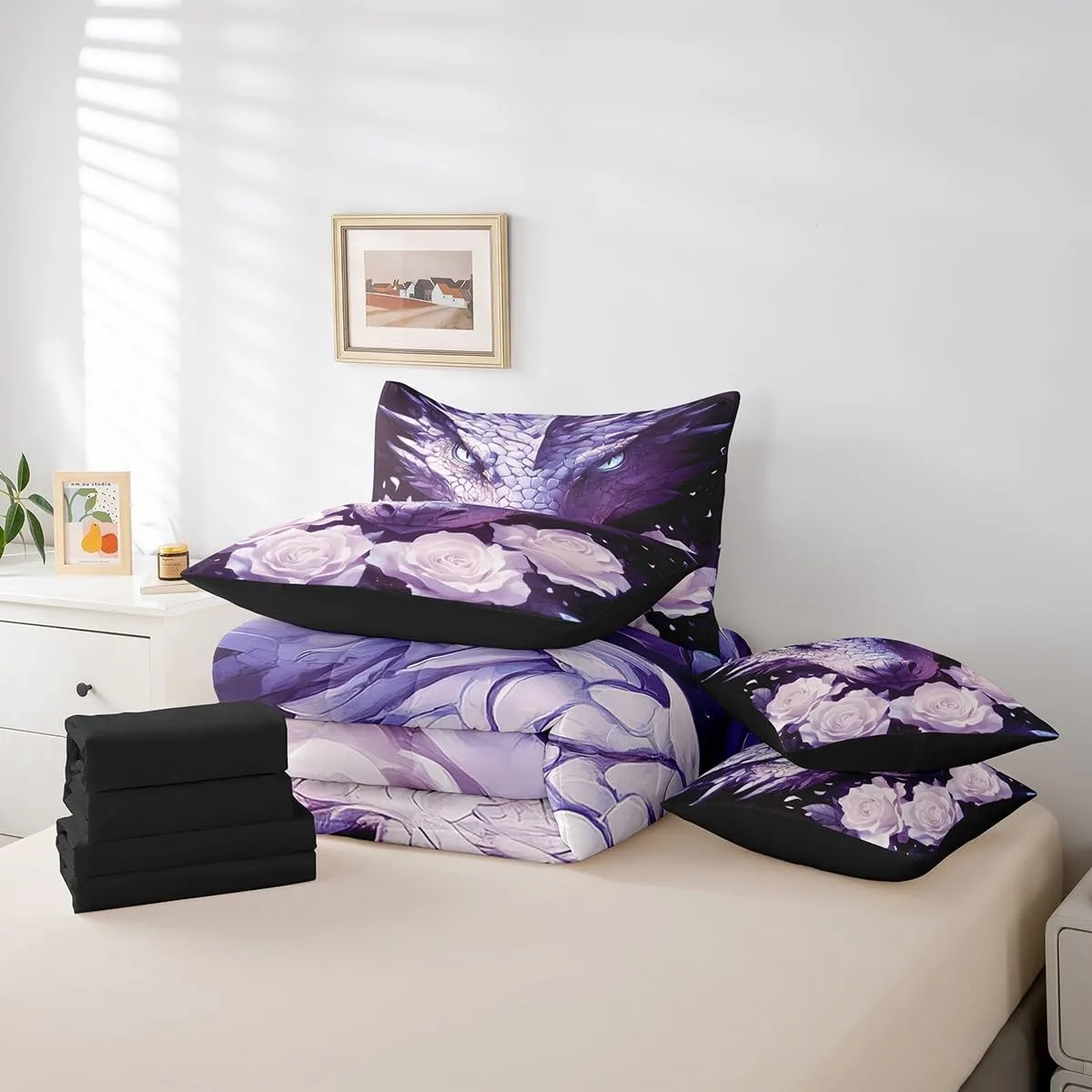 jejeloiu Purple Western Dragon Queen Comforter Set with Sheets Rose 7 Pieces Bedding Set Queen Size for Kids Boys Girls Teens Rose Floral Flower Bed Set Wild Animals Bed in a Bag
